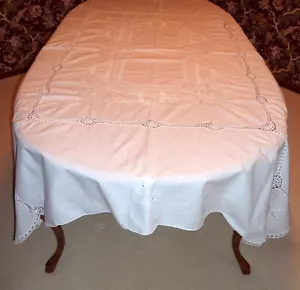Vintage 1950 Elaborate Hand Embroidered Crocheted Lace 84" X 64" Tablecloth wht - Picture 1 of 7