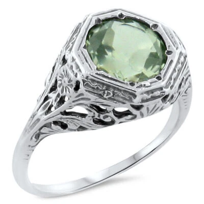 ART DECO STYLE GENUINE GREEN AMETHYST 925 STERLING SILVER FILIGREE RING     192X - Image 1 of 4