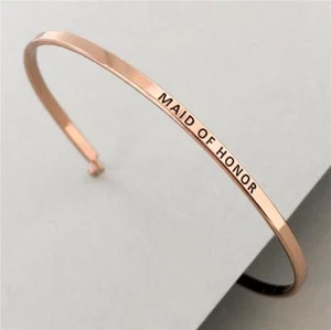 PERSONALIZED BANGLE Bracelet MANTRA Inspiration Engraved MAID OF HONOR Rose Gold - Picture 1 of 4