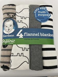 Gerber Baby Boy 4-Pack Organic Cotton Flannel Blankets -Stripes & Dinosaurs 🦕