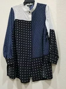 ALFANI Navy Blue,Black & White Mod Mock Neck Button Front Blouse**PLUS Size OX - Picture 1 of 5
