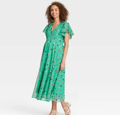 Women's Floral Print Flutter Short Sleeve Chiffon Maternity Dress - The Nines, S - Image 1 of 4