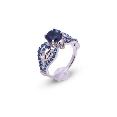 Anello Teschio Argento Gotico Fidanzamento Sintetico Zaffiro Blu Foglia Floreale - Immagine 1 di 4