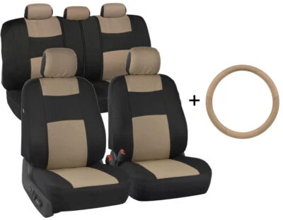 Microfiber Leather Steering Wheel Cover + Car Seat Covers (Full Set) Tan Beige - Image 1 of 4