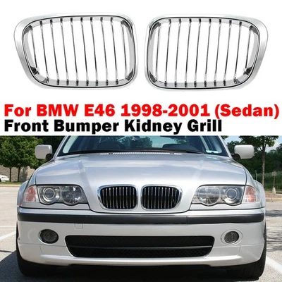 Parrilla de riñón parachoques delantero cromada para BMW E46 1998-2001 sedán 325i 328i 330i 2 piezas Foto 1 de 4