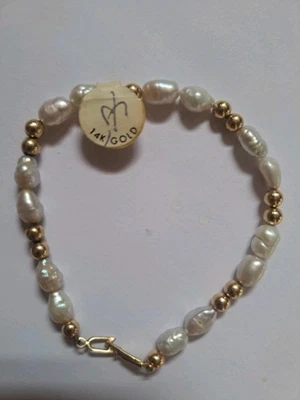 14K золото и пресноводный культивированный жемчуг браслет 7» весит 4,93 грамма проверено - Изображение 1 из 4