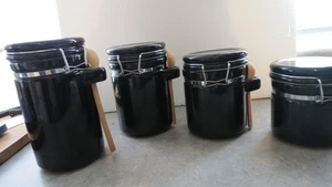 VTG 80's 4 Piece Oval Canister Set w/ Stainless Clamps Ceramic W/ WOODEN SPOONS - Picture 1 of 8