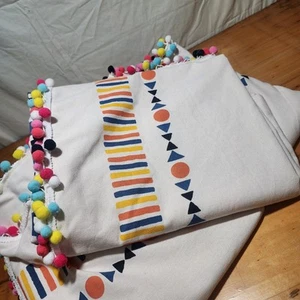 Bohemian Geometric Cotton Linen Curtain Panels with Pompoms lot of 4 panels - Picture 1 of 5