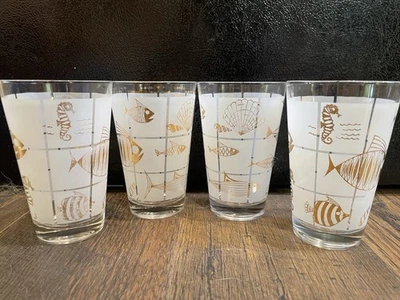4 Marine Life TUMBLERS GLASSES White Frosted 12 oz GOLD FISH Vintage SET 5 1/8" - Image 1 of 4