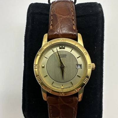 Reloj Citizen Mujer Cuarzo Vintage Cuero Marrón Tono Dorado Fecha Japón 24mm Foto 1 de 4