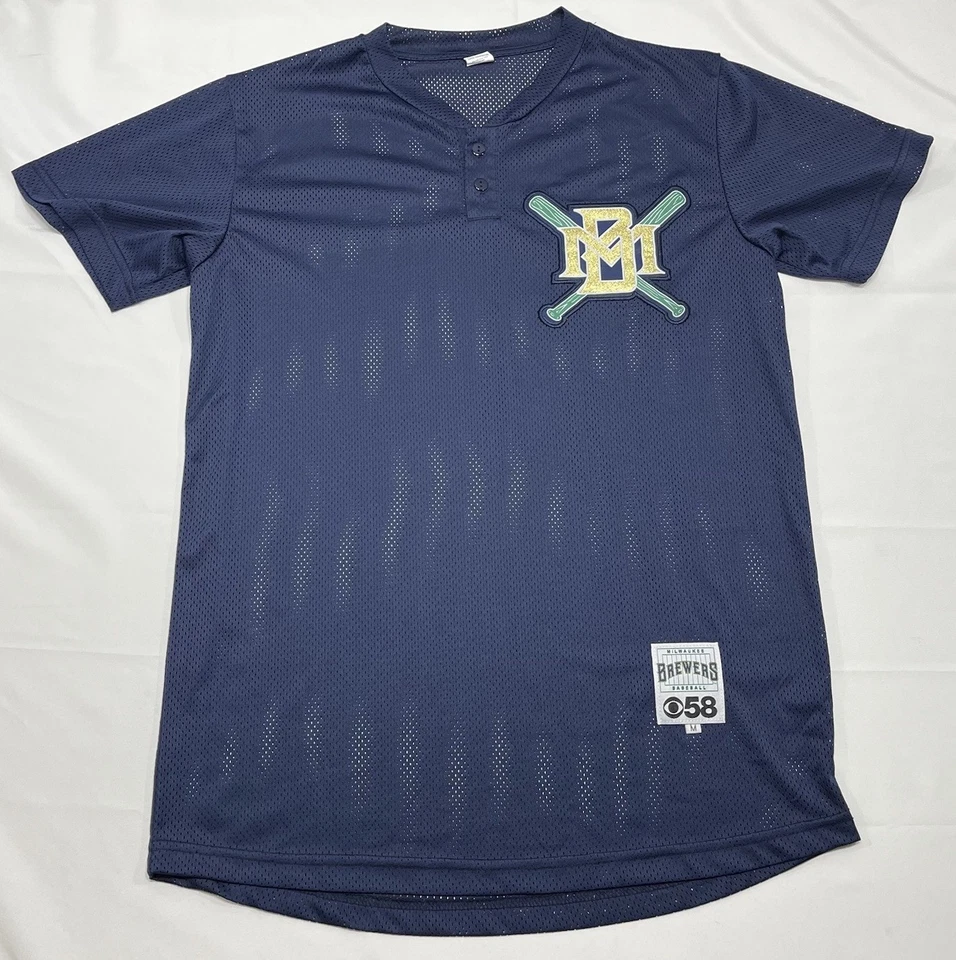 Camiseta de béisbol Milwaukee Brewers SS botón azul marino malla CBS News 58 promoción para hombre M Foto 1 de 4