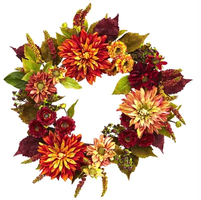 Nearly Natural 22” Dahlia & Mum Wreath Realistic Fall Artificial Decor - Image 1 of 4