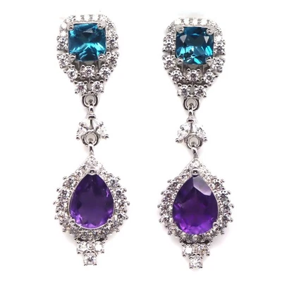 Plata de ley 925 6 x 8 mm. Pendientes de amatista púrpura, topacio y circonitas cúbicas Foto 1 de 4