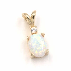 Lab Created White Opal 8x6mm Oval Cabochon w/ Accent 14KT Yellow Gold Pendant - Picture 1 of 2