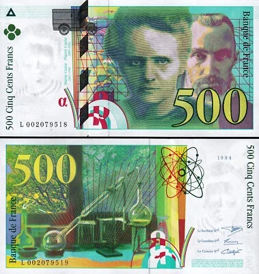 France 500 Francs 1994, UNC, P-160a, Pierre Et Marie Curie, Prefix L 00 - Image 1 of 3