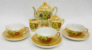 Vintage Hand Painted Peach Lusterware Child's Toy Dishes Floral Tea Set for 3 - Picture 1 of 10