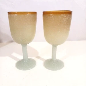 Brown Amber Seafoam Glasses Goblets Hand Blown Glass Mexico Set of 2 - Picture 1 of 4