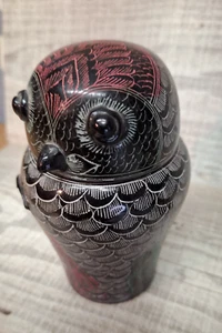 Vintage Burmese Paper Mache Black Lacquer Wooden Owl Bird Trinket Box - Picture 1 of 9