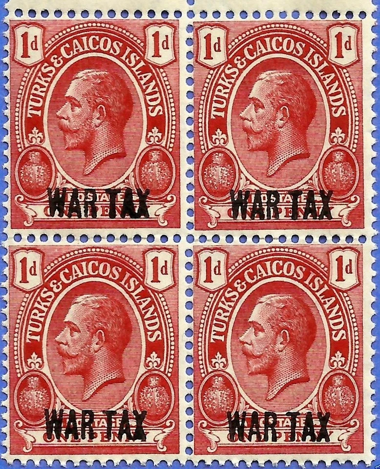 TURKS & CAICOS, KING GEORGE V, 1918 IMPUESTO DE GUERRA, SOBREIMPRESIÓN, MNG, BLOQUE DE 4 (D) Foto 1 de 1
