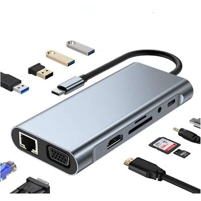 11-in-1 USB-C HUB Docking Station Adapter 4K-HDMI Typ C USB 3.0 VGA RJ45 Port SD - Bild 1 von 4