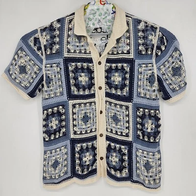 Morsecode Crochet Shirt Mens Large Knit Granny Square Button Short Sleeve Blue - Image 1 of 4