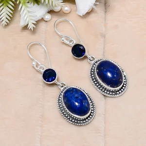 Lapislazuli Edelstein Handarbeit 925 Sterling Silber Schmuck Ohrringe - Bild 1 von 4