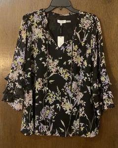 Calvin Klein Womens New $80 Pullover Blouse Top Floral Shirt XL XLarge Black NWT - Picture 1 of 24