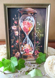 Floral Hourglass Mini Painting – 5x7 Framed Surreal Art – Gothic Romantic Decor - Picture 1 of 6