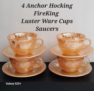 4 Vintage Anchor Hocking FireKing Peach Luster Ware LAUREL Cups & Saucers Exc - Picture 1 of 7