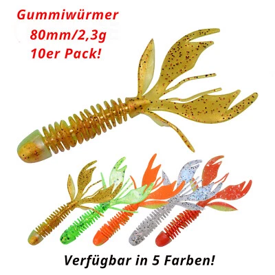 Gummiwürmer, 10st, Aromaöl,  80mm /2,3g, Glitzer würmer, Forelle, Hecht, Zander, - Bild 1 von 3