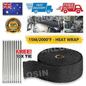 Exhaust Wrap Heat Resistant 15M x 50mm + 10 Stainless Steel Ties 2000F Black