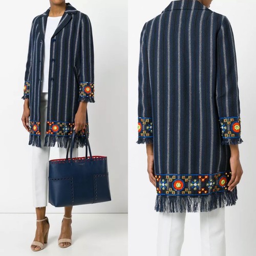 $695 Tory Burch 6 Luna cappotto con perline impreziosito a righe tessuto lungo con perline