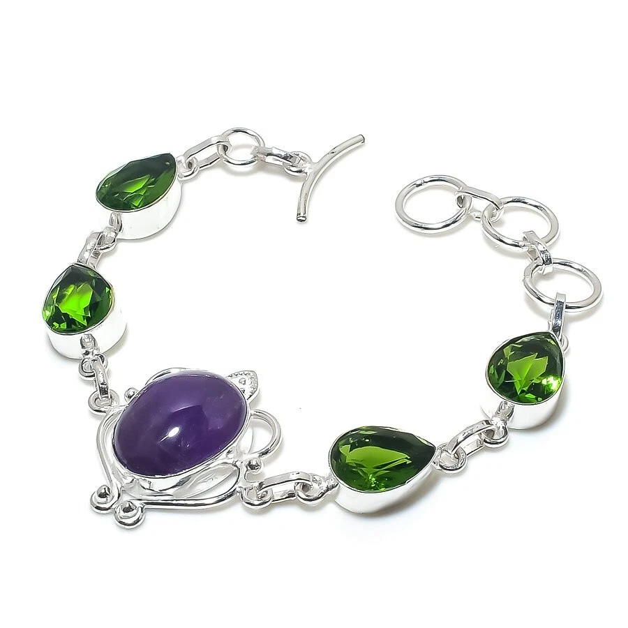 Natural Amethyst Gemstone 925 Sterling Silver Jewelry Bracelet Size 7-8" - Image 1 of 1
