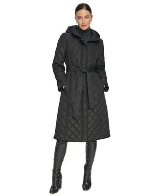 DKNY Women's Hooded Belted Quilted Coat Warm Puffer Jacket Water Resistant Blk L - Image 1 of 4