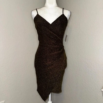 Charlotte Russe Wrap Mini Dress Womens Medium Gold Glitter Asymmetrical Hem - Image 1 of 4