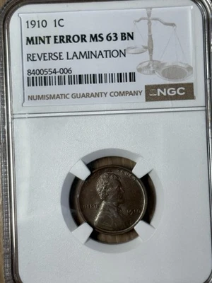 1910 Lincoln Cent 63 BN Mint Error Reverse Lamination - Image 1 of 4