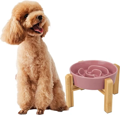 Elevated Slow Feeder Dog Bowl - Ceramic Maze Food Dish with Bamboo Stand - Raise - Image 1 of 4