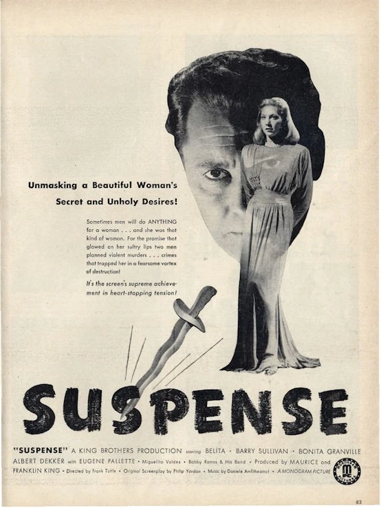 Anuncio impreso de la película 1946 "Suspense" Belita, Barry Sullivan, Bonita Granville Foto 1 de 1