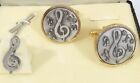 Vintage Anson Tie Pin & Cufflinks Set, Gold Tone & Pewter Musical Notes Clef 