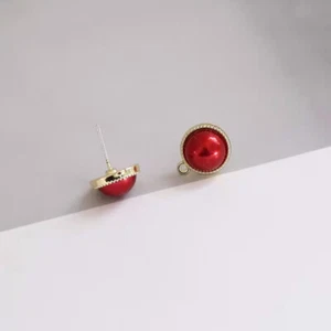 10pcs Red Round Earrings, 14K Real Gold Plated Brass Circular Stud Earring With - Picture 1 of 1