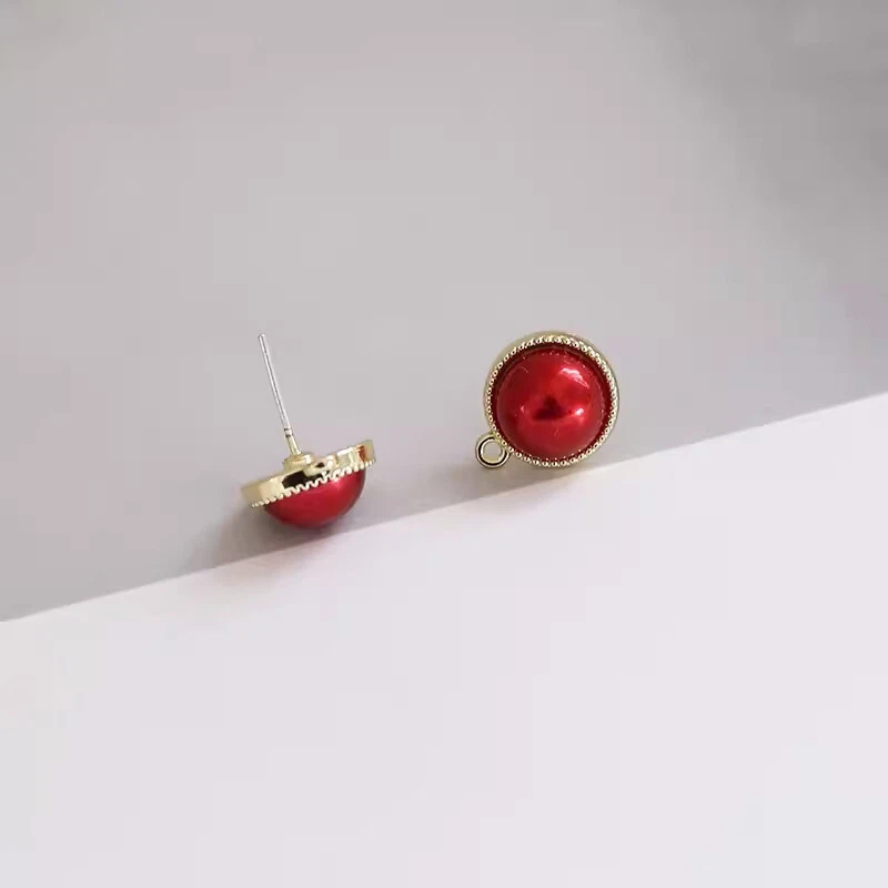 10pcs Red Round Earrings, 14K Real Gold Plated Brass Circular Stud Earring With - Image 1 of 1