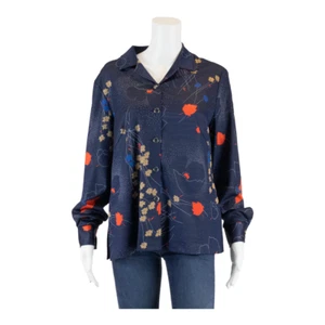 JUKA Tie Bow Stretch Paisley Womens Blouse Shirt Orange Collared Fair Isle L - Picture 1 of 5