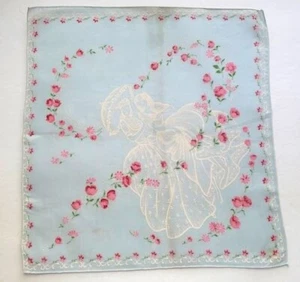 VINTAGE 1940s HANKIE HANKY CLASSICAL VICTORIAN LADIES PINK BLUE FLORALS NEW - Picture 1 of 4