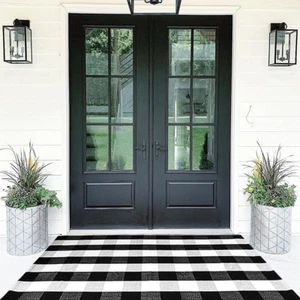 Buffalo Plaid Outdoor Rug 35.4'' X 59'' Hand-Woven Front Door Mat Black and Whit - Picture 1 of 9