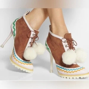 NEU Sophia Webster Katy Lammfell gefüttert Wildleder Leder Bommel Absatz Stiefeletten 7 - Bild 1 von 12