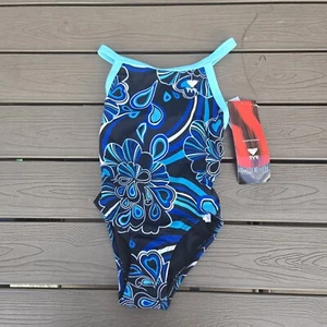 TYR Durafast Happy Flower Blue Floral DiamondFit 1 Pc Swimsuit Girls Sz 20 NEW - Picture 1 of 3