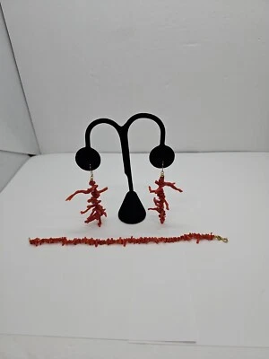 PENDIENTES Y PULSERA IMPRESIONANTES RAMA CORAL ROJO NARANJA ORO 14K Foto 1 de 4
