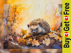 Herbst Igel Aquarell Maldruck 5""x7"" auf mattem Papier - Bild 1 von 6