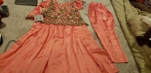 Pakistani / Indian Girl's Pink Silk and Embroidered Net Suit  - Picture 1 of 12
