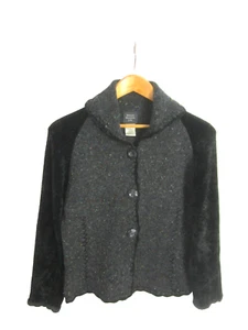 Vtg Susan Bristol Womens M Gray Black Wool Tweed LS Embroidered Cardigan Velour - Picture 1 of 11